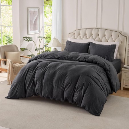PURE ERA Jersey Knit Duvet Cover Set – 3 Piece | Heather Charcoal Grey | Queen Size