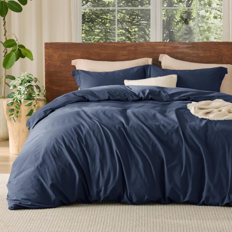 Bedsure Duvet Cover Set Queen – 100% Washed Cotton, Linen-Like Finish, Navy (90"x90")