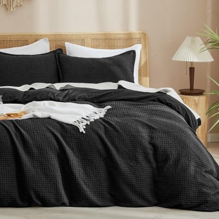 PHF Waffle Weave Duvet Cover Set – Queen Size, Ultra Soft, Luxury Textured, Black (3pcs)