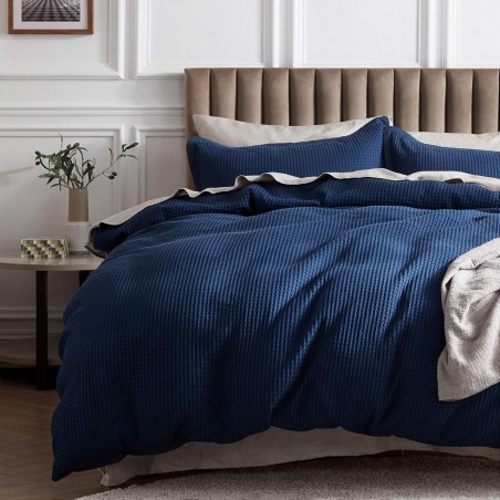 Bedsure Cotton Duvet Cover Queen – 100% Cotton Waffle Weave, Navy Blue, 3pcs (90"x90")