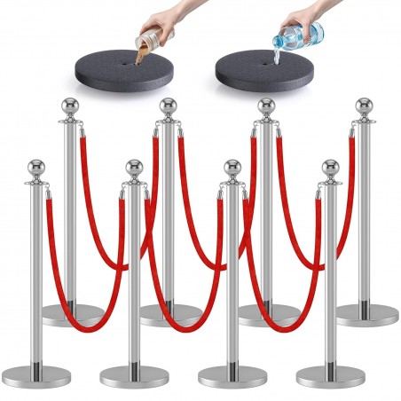 Kaiyomi 8Pcs Stanchion Posts with Red Velvet Ropes – Silver Crowd Control Kit for Red Carpet & Events