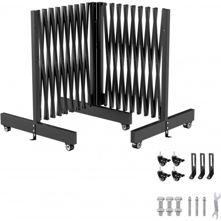 16FT Industrial Metal Expandable Barricade – Black Folding Retractable Traffic Fence with Lockable Casters