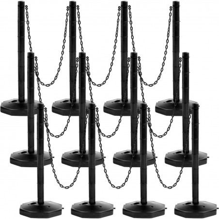 Geiserailie 12-Pack Plastic Crowd Control Stanchions with 5FT Chain & Fillable Bases – Black Delineator Posts