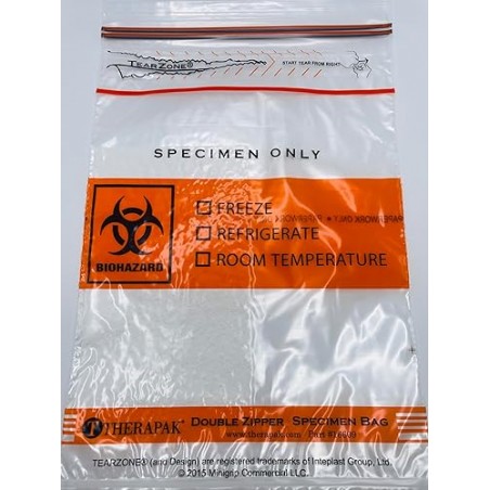Double Zipper Specimen Bags with Absorbent Pads – 6x9in, 3-Wall, 100 Bags, Red Biohazard