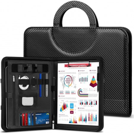 WONSEFOO Conference Folder, Carbon Fiber Leather, A4 Zipped Magnetic Handle with Phone Stand & 2-Layer Large Pocket