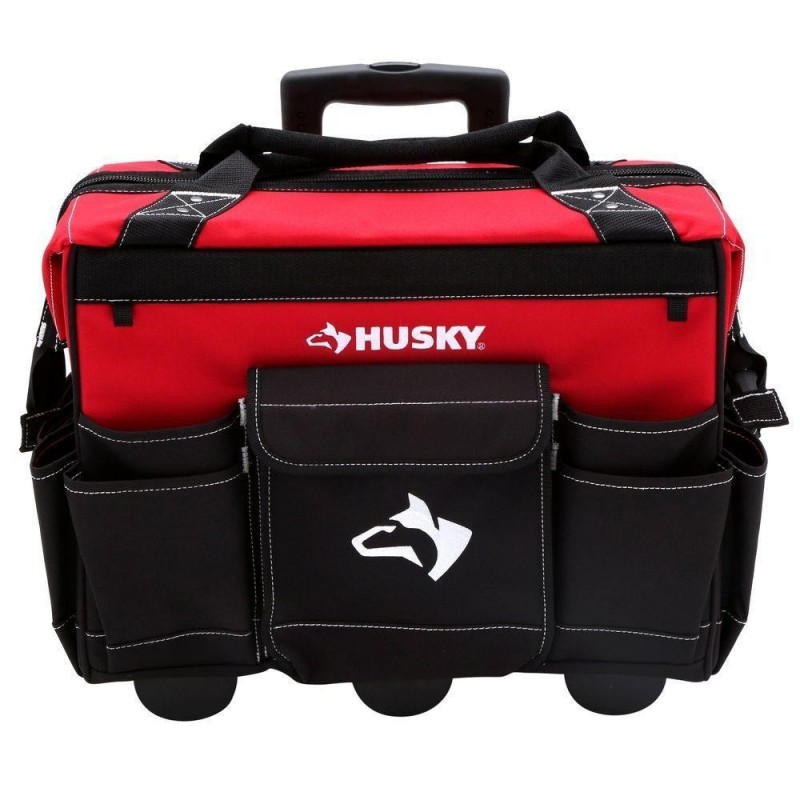 Husky GP-44316AN13 14" 600-Denier Red Water-Resistant Contractor's Rolling Tool Tote Bag with Telescoping Handle