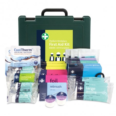 Reliance BS8599-1:2019 Medium Workplace First Aid Kit in Green Oxford Box – inc bracket