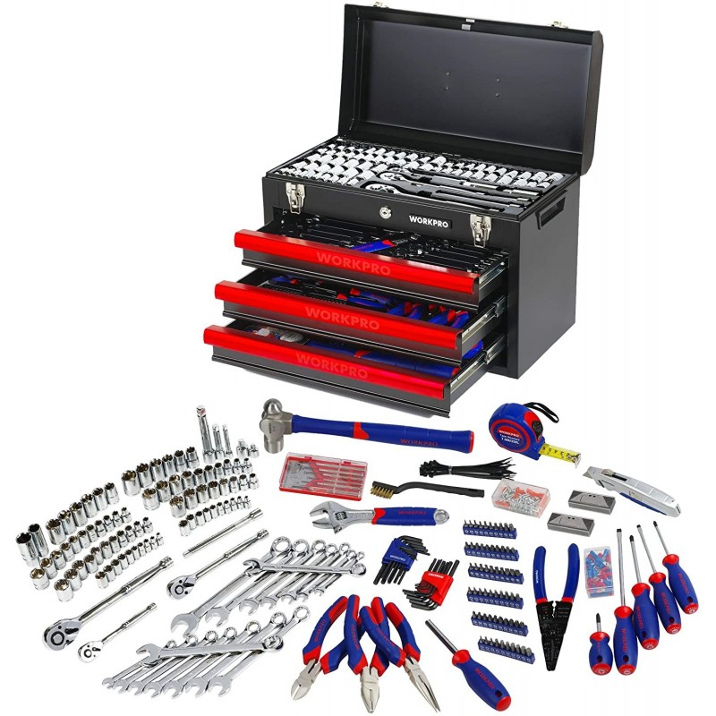 Performance Workpro Mechanics Tool Set with 3-Drawer Heavy Duty Metal Box