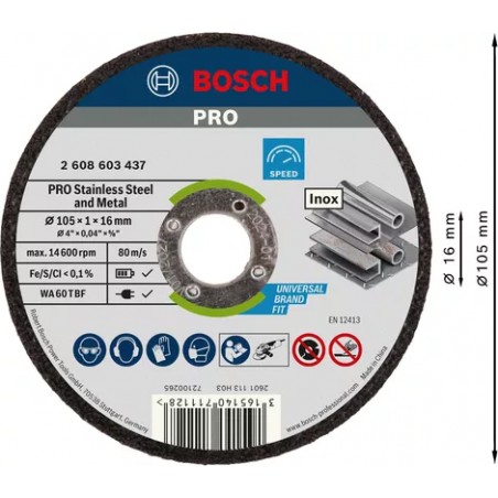 Bosch PRO Stainless Steel and Metal Bonded Cutting Disc – 105 x 1 x 16 mm