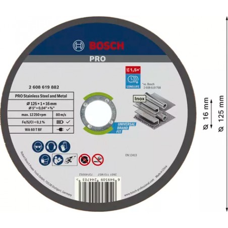 Bosch PRO Stainless Steel and Metal Bonded Cutting Disc – 125 x 1.0 x 16 mm